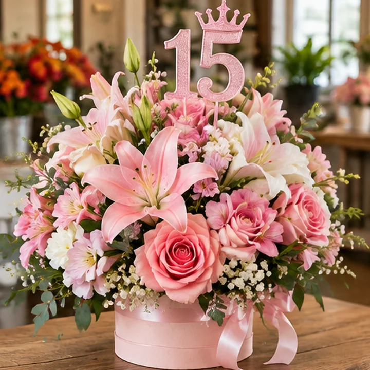Arreglo floral ilustrativo con motivo de 15 años